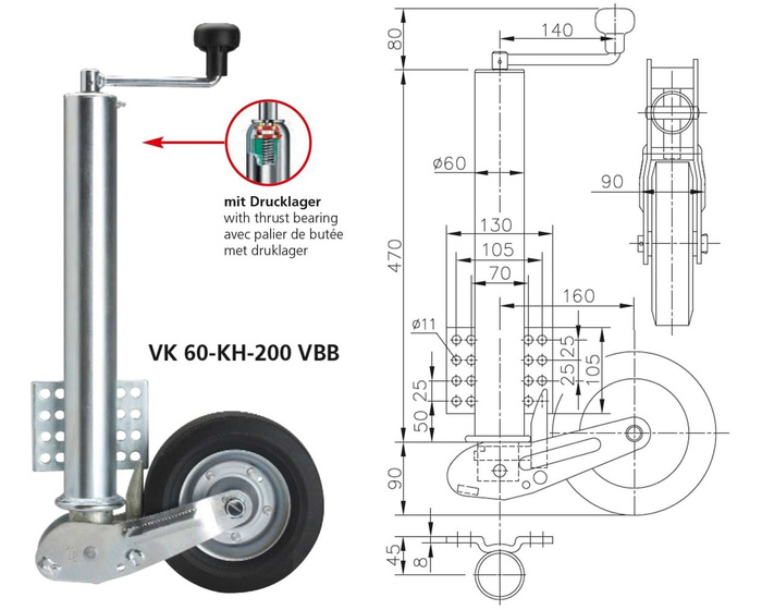 WINTERHOFF VK60-KH-200VBB automatische steunwiel met handgreep 250 kg 60 mm 560-1030 mm