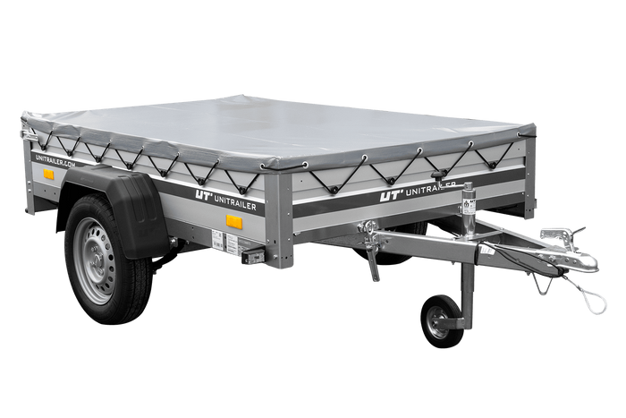 Enkelassige aanhanger op veren met aluminium zijwanden 200x125 Unitrailer Garden 201/R KIPP ALU met H-0 frame en grijze afdekking