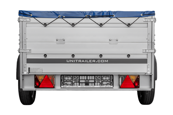 Autoaanhanger met aluminium zijwanden 200x125 Unitrailer Garden 201 KIPP ALU met BIS-zijwanden, H-0 frame en blauwe afdekking