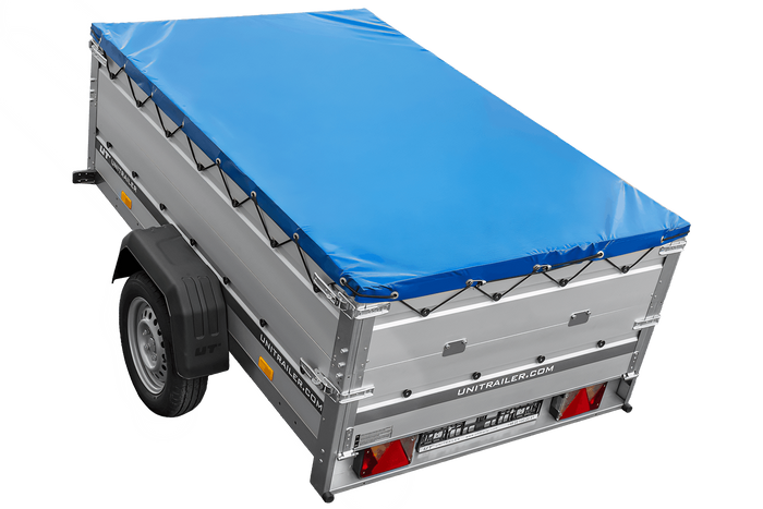 Autoaanhanger met aluminium zijwanden 200x125 Unitrailer Garden 201 KIPP ALU met BIS-zijwanden, H-0 frame en blauwe afdekking