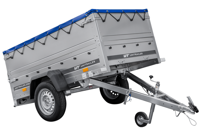 Autoaanhanger 200x106 UNITRAILER GARDEN 200 KIPP met BIS-zijwanden, H-0 frame en blauwe afdekking