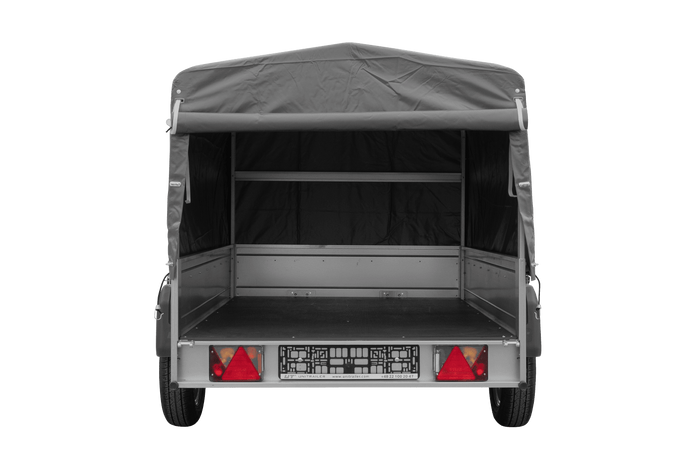 Enkelassige aanhanger 200x125 UNITRAILER GARDEN 201 KIPP met H-800 frame en grijze afdekking