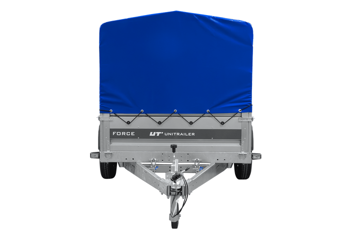 Enkelassige aanhanger op veren 264x125 UNITRAILER FORCE 264/R KIPP met H-800 frame en blauwe afdekking