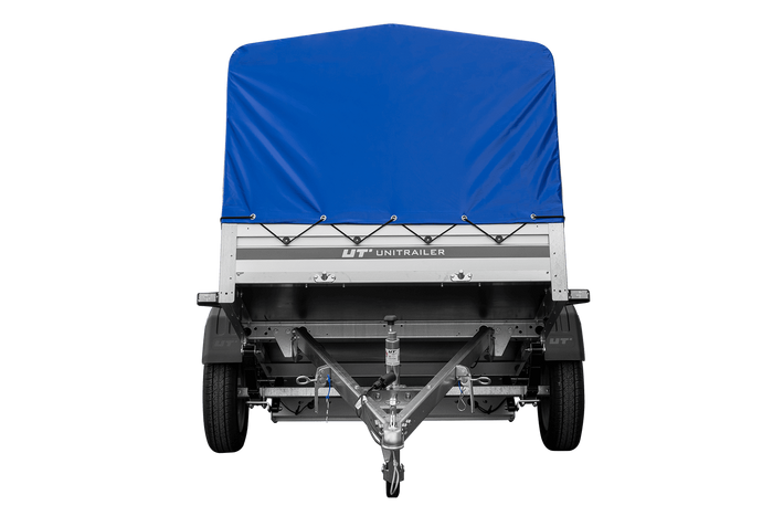 Autoaanhanger op veren met aluminium zijwanden 200x125 Unitrailer Garden 201/R KIPP ALU met H-800 frame en blauwe afdekking