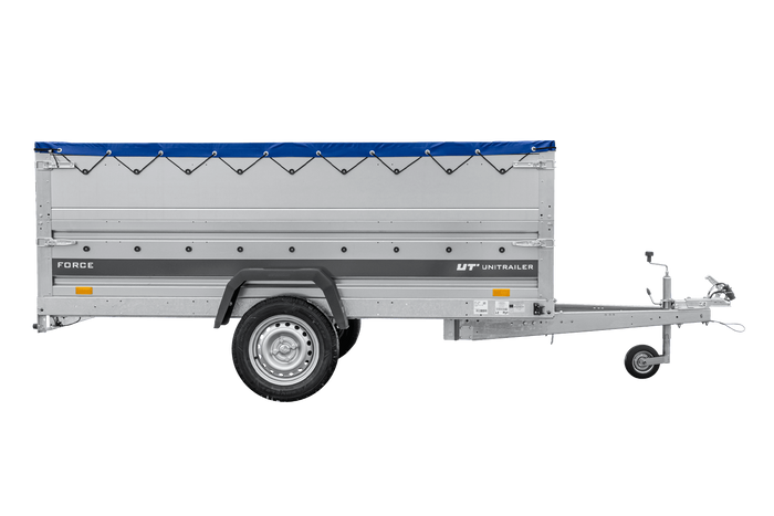 Lichte aanhanger 264x125 UNITRAILER FORCE 264 KIPP met BIS-zijwanden, H-0 frame en blauwe afdekking