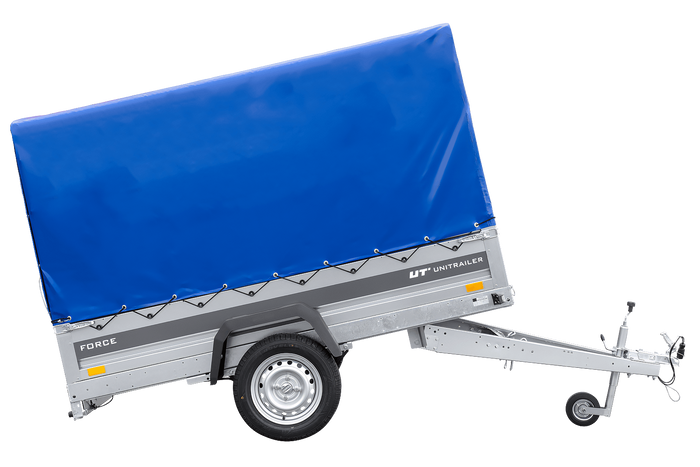 Autotransportaanhanger op veren 230x125 UNITRAILER FORCE 230/R KIPP met H-1100 frame en blauwe hoes
