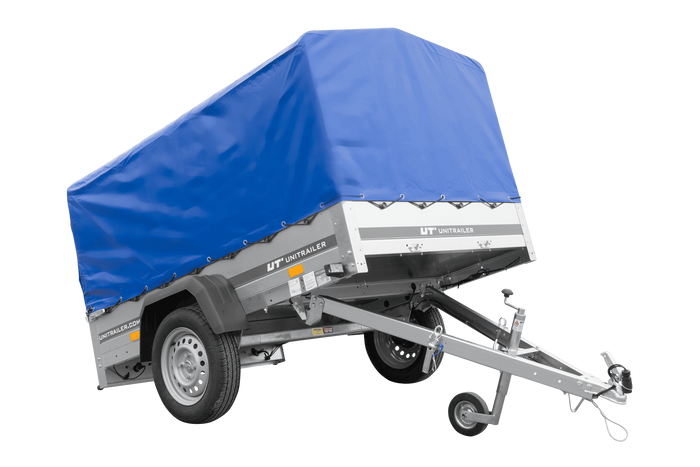 Lichte aanhanger 200x125 UNITRAILER GARDEN 201 KIPP met H-800 frame en blauw dekzeil