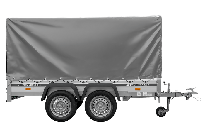Tweeassige aanhanger met aluminium zijwanden 264x125 Unitrailer Garden 264/2 KIPP ALU met frame H-1100 en grijze afdekking