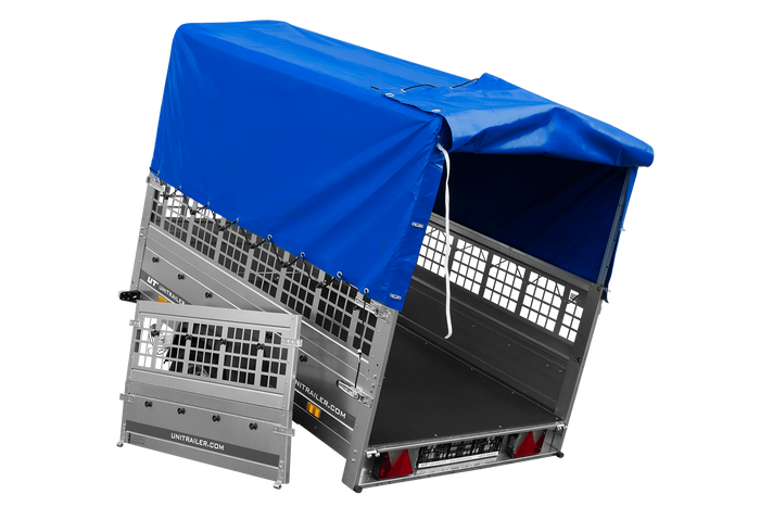 Enkelassige aanhangwagen op veren 200x125 UNITRAILER GARDEN 201/R KIPP met roosterwanden, H-800 frame en blauwe afdekking