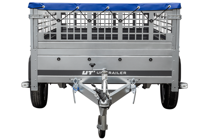 Lichte aanhanger 230x125 UNITRAILER GARDEN 230 KIPP met gaaswanden en H-0 frame en blauwe hoes