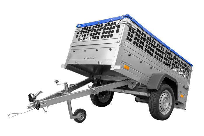 Garden trailer 200 kipp met steunwiel, gaaszijzijden en blauw plat dekzeil