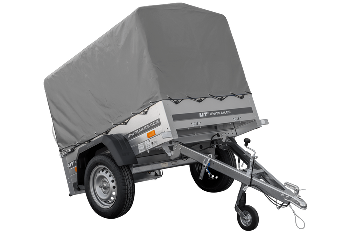 Enkelassige aanhanger 150x106 UNITRAILER GARDEN 150 KIPP met H-800 frame en grijze afdekking