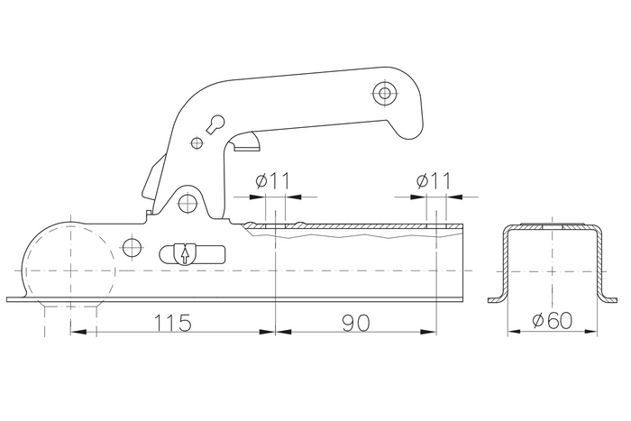 CHOOYO JD.00.53.009 kogelkoppeling voor een aanhanger van 800 kg met een vierkante dissel van 60 mm.