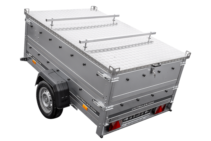 Enkelassige aanhangwagen op veren 230x125 UNITRAILER GARDEN 230/R KIPP met BIS zijwanden en aluminium afdekplaat