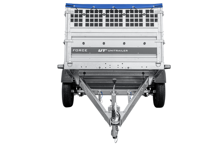 Lichte aanhanger op veren 230x125 UNITRAILER FORCE 230/R KIPP met gaaswanden, H-0 frame en blauwe hoes