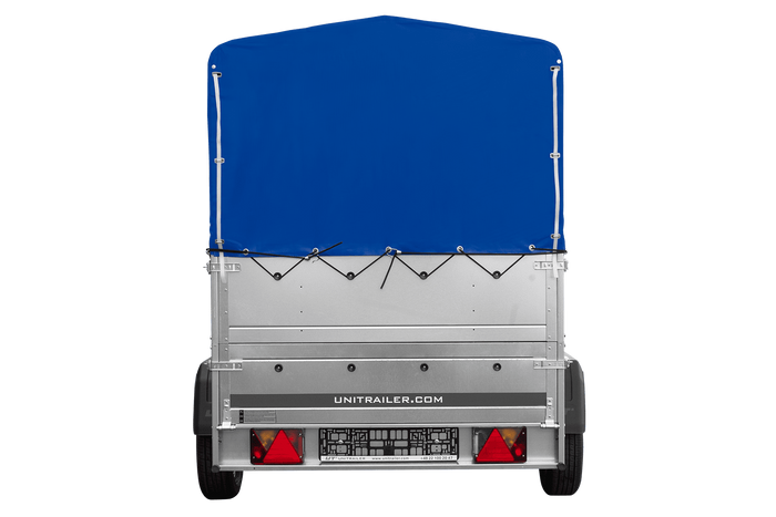 Lichte aanhangwagen op veren 200x125 UNITRAILER GARDEN 201/R KIPP met BIS zijwanden, H-800 frame en blauwe afdekking