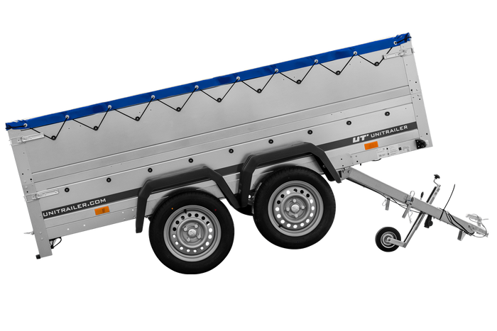 Tweeassige aanhanger 264x150 UNITRAILER GARDEN 265/2 KIPP met BIS-zijwanden, H-0 frame en blauwe afdekking