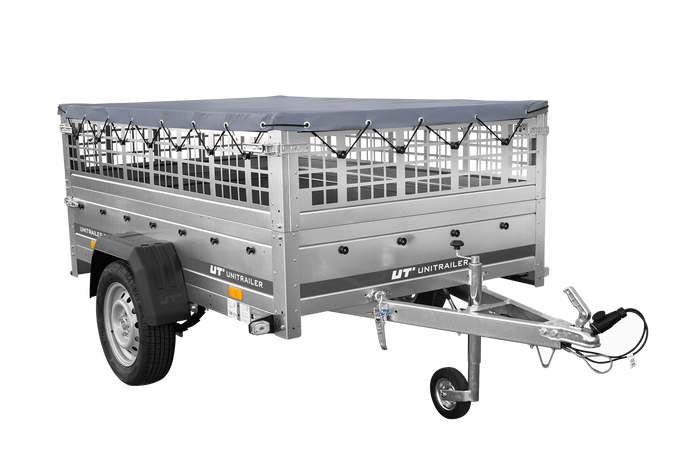 Autoaanhangwagen op veren 200x125 UNITRAILER GARDEN 201/R KIPP met gaaswanden, H-0 frame en grijze afdekking