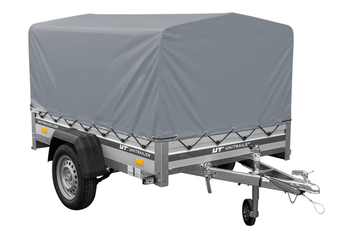 Autoaanhanger op veren met aluminium zijwanden 200x125 Unitrailer Garden 201/R KIPP ALU met H-800 frame en grijze afdekking