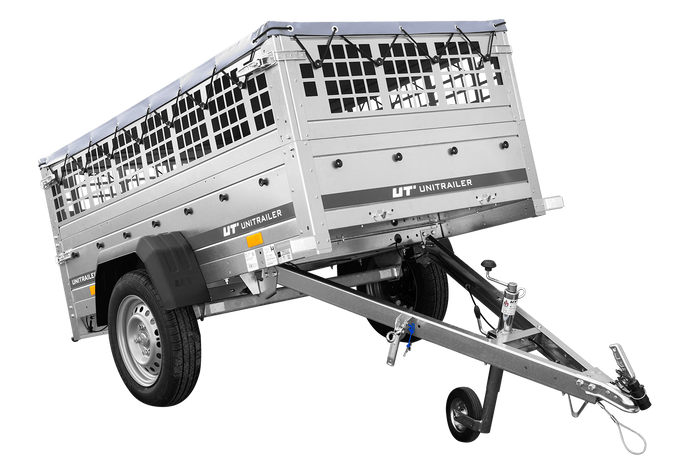Enkelassige aanhanger 200x106 UNITRAILER GARDEN 200 KIPP met gaaswanden, H-0 frame en grijze afdekking