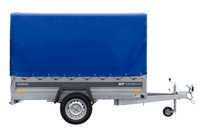 Autotransportaanhanger op veren 230x125 UNITRAILER FORCE 230/R KIPP met H-1100 frame en blauwe hoes