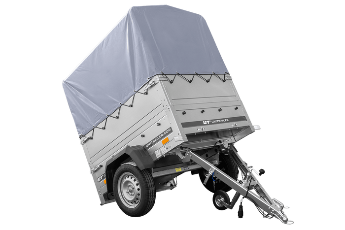 Enkelassige aanhanger 150x106 UNITRAILER GARDEN 150 KIPP met BIS-zijwanden, H-800 frame en grijze afdekking