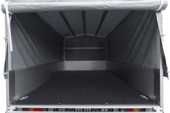 Enkelassige aanhanger op veren met aluminium zijwanden 230x125 Unitrailer Garden 230/R KIPP ALU met H-800 frame en grijze afdekking