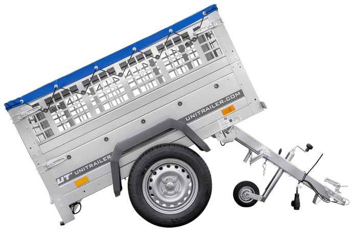 Autoaanhanger 150x106 UNITRAILER GARDEN 150 KIPP met gaaswanden en blauwe hoes