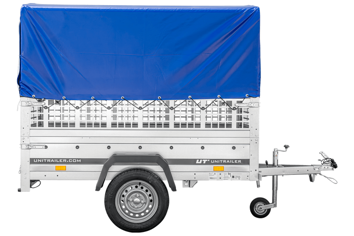 Lichte aanhanger 200x106 UNITRAILER GARDEN 200 KIPP met gaaswanden, H-800 frame en blauwe hoes