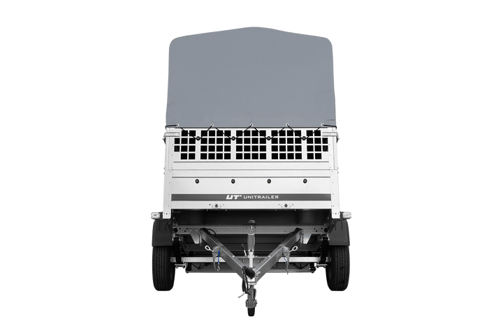 Enkelassige aanhangwagen op veren 200x125 UNITRAILER GARDEN 201/R KIPP met roosterwanden, H-800 frame en grijze afdekking