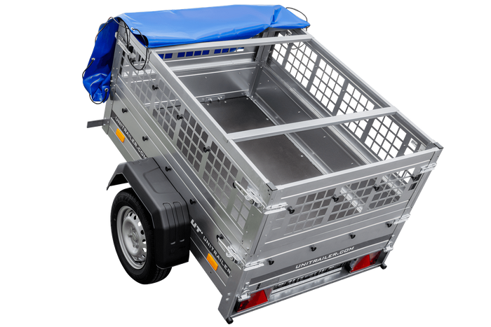 Autoaanhanger 150x106 UNITRAILER GARDEN 150 KIPP met gaaswanden en blauwe hoes