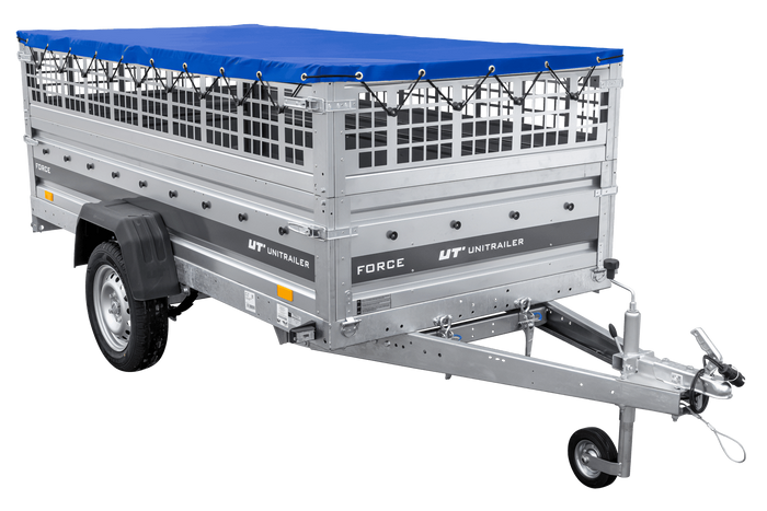 Enkelassige aanhanger op veren 264x125 UNITRAILER FORCE 264/R KIPP met gaaswanden, H-0 frame en blauw dekzeil