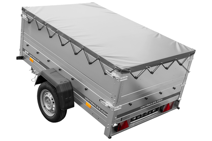 Unitrailer GARDEN TRAILER 201 KIPP met steunwiel, bis sideboards en grijs plat dekzeil