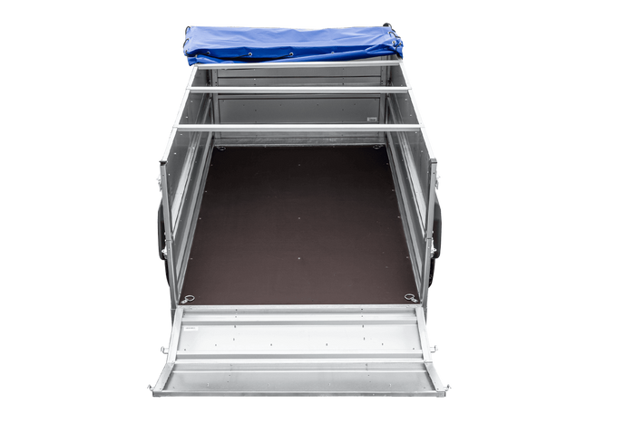 Lichte aanhanger 230x125 UNITRAILER FORCE 230 KIPP met BIS-zijwanden, H-0 frame en blauwe afdekking