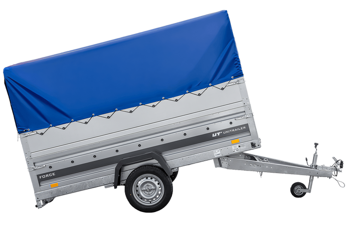 Lichte aanhanger op veren 264x125 UNITRAILER FORCE 264/R KIPP met BIS-zijwanden, H-800 frame en blauwe afdekking