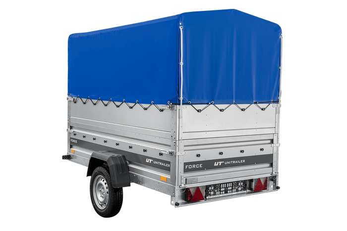 Autotransporter 230x125 UNITRAILER FORCE 230 KIPP met BIS-zijwanden, H-800 frame en blauwe afdekking