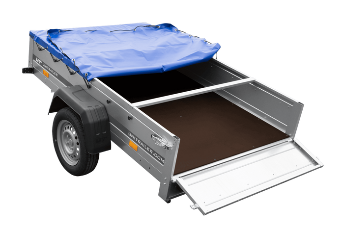Autoaanhanger 200x125 UNITRAILER GARDEN 201 KIPP met H-0 frame en blauwe hoes