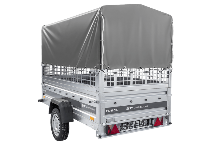 Enkelassige aanhanger 230x125 UNITRAILER FORCE 230 KIPP met gaaswanden, H-800 frame en grijze afdekking.