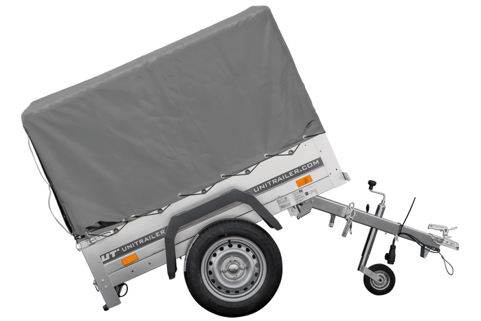 Enkelassige aanhanger 150x106 UNITRAILER GARDEN 150 KIPP met H-800 frame en grijze afdekking