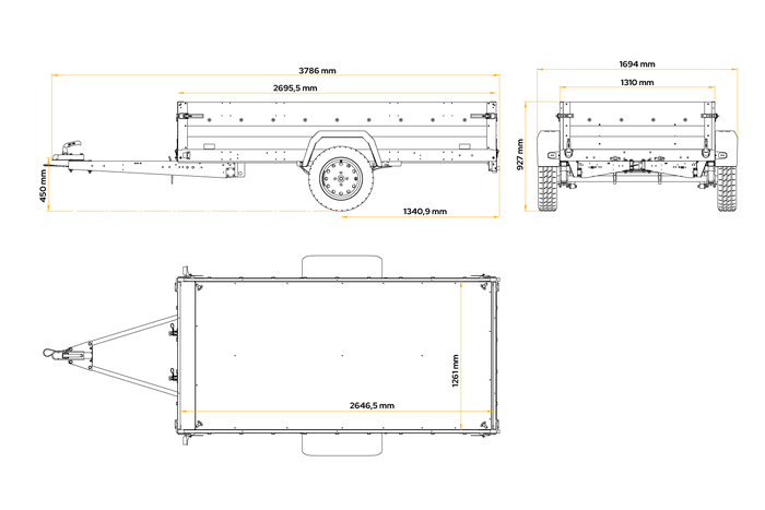 Enkelassige aanhanger op veren 264x125 UNITRAILER FORCE 264/R KIPP met H-1100 frame en blauwe afdekking