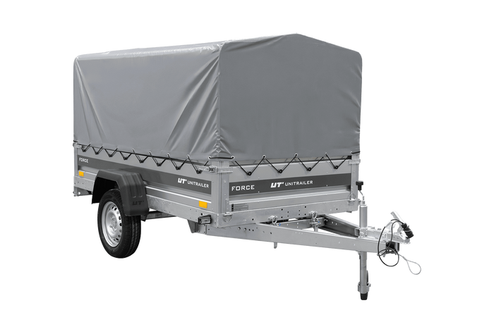 Enkelassige aanhanger 230x125 UNITRAILER FORCE 230 KIPP met H-800 frame en grijze afdekking