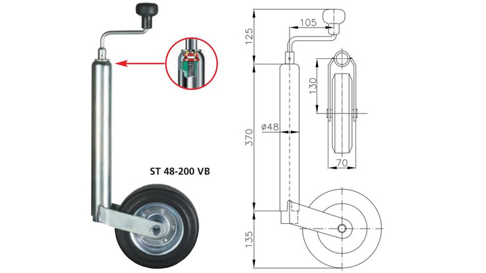 Steunwiel met klem WINTERHOFF ST48-200VB+KLE48 150kg 48mm 505-725mm