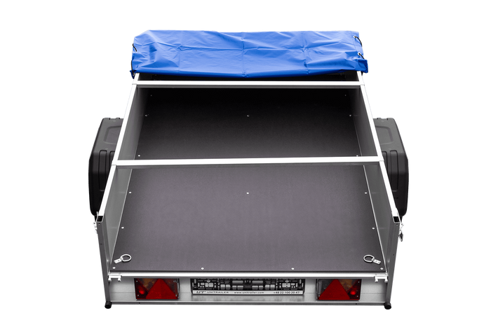 Enkelassige aanhanger op veren met aluminium zijwanden 200x125 Unitrailer Garden 201/R KIPP ALU met H-0 frame en blauwe afdekking