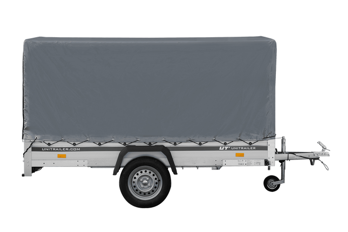Autoaanhanger met aluminium zijwanden 264x150 Unitrailer Garden 265 KIPP ALU met H-1100 frame en grijze afdekking