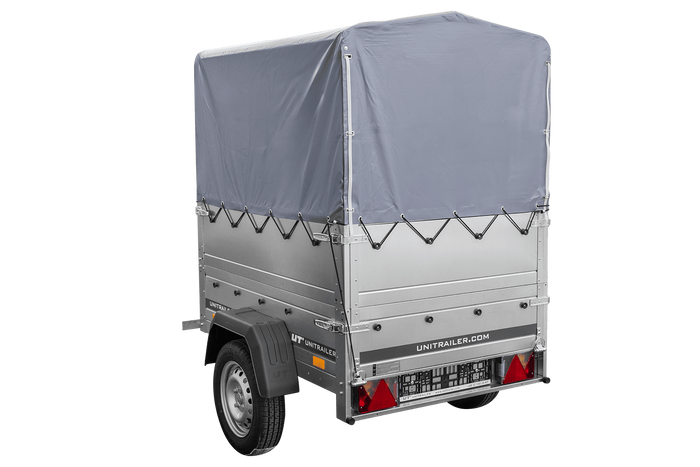 Enkelassige aanhanger 150x106 UNITRAILER GARDEN 150 KIPP met BIS-zijwanden, H-800 frame en grijze afdekking