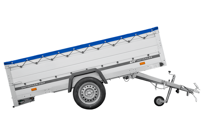 Enkelassige aanhanger met aluminium zijwanden 264x125 Unitrailer Garden 264 KIPP ALU met BIS-zijwanden, H-0 frame en blauwe afdekking