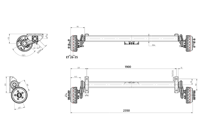 KNOTT VGB13M geremde as voor aanhanger/autotransporter 1350 kg 1900 mm 2350 mm 5x112