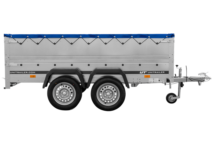 Tweeassige aanhanger 264x150 UNITRAILER GARDEN 265/2 KIPP met BIS-zijwanden, H-0 frame en blauwe afdekking
