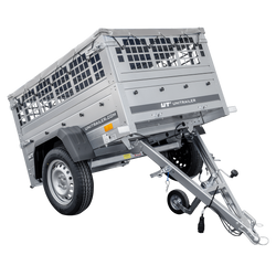 Kleine enkelassige aanhanger Unitrailer GARDEN TRAILER 150 KIPP met steunwiel, gaaswanden en een vlakke grijze kap