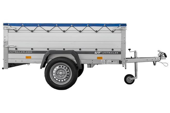 Autoaanhanger met aluminium zijwanden 200x125 Unitrailer Garden 201 KIPP ALU met BIS-zijwanden, H-0 frame en blauwe afdekking